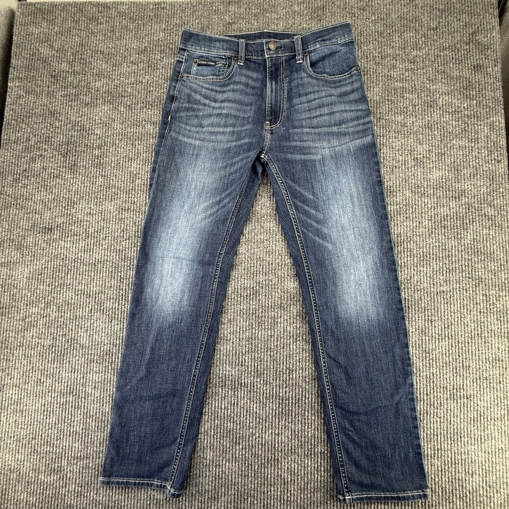 Calvin Klein Men's Slim Straight Blue Denim Jeans, Cotton, Medium Wash, 5-Pocket